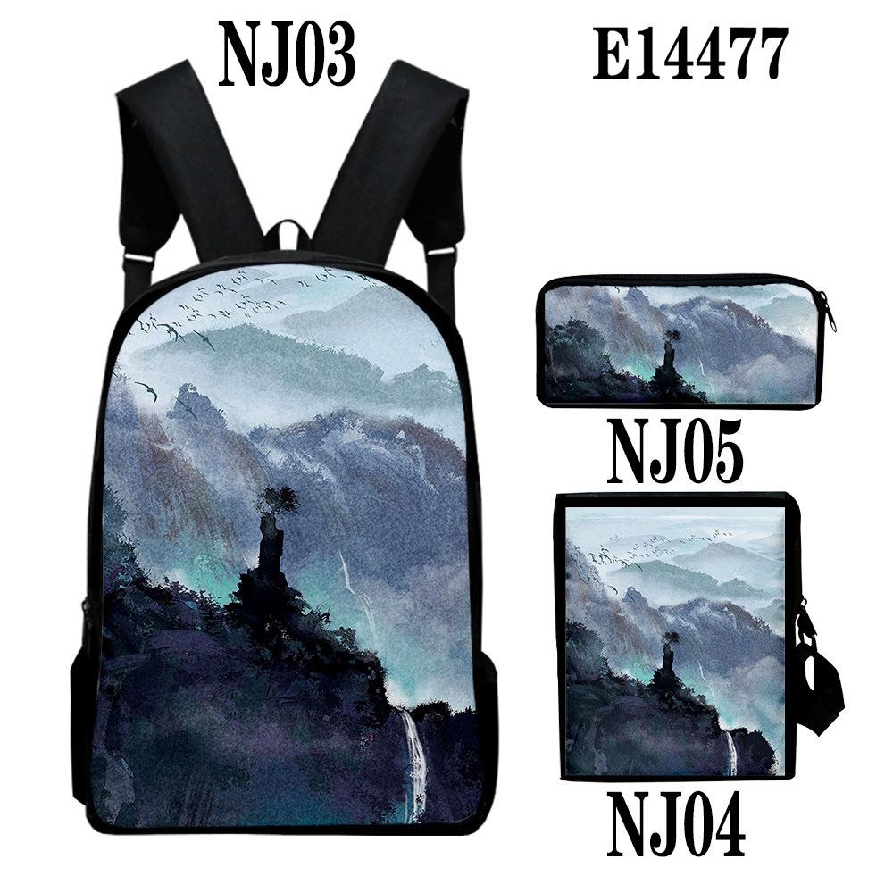 Popular Chinese style ink painting 3D Print 3pcs/Set School Bags Laptop Daypack Backpack Inclined shoulder bag Pencil Case
