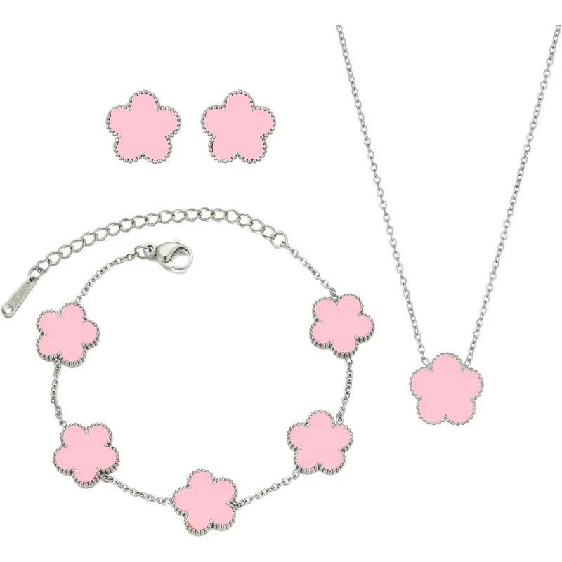Conjunto de Joias Trevo Cor Prata para Mulheres Aço Inoxidável Hipoalergênico À Prova D'água Brincos Flor Colar Corrente Pulseira Novo