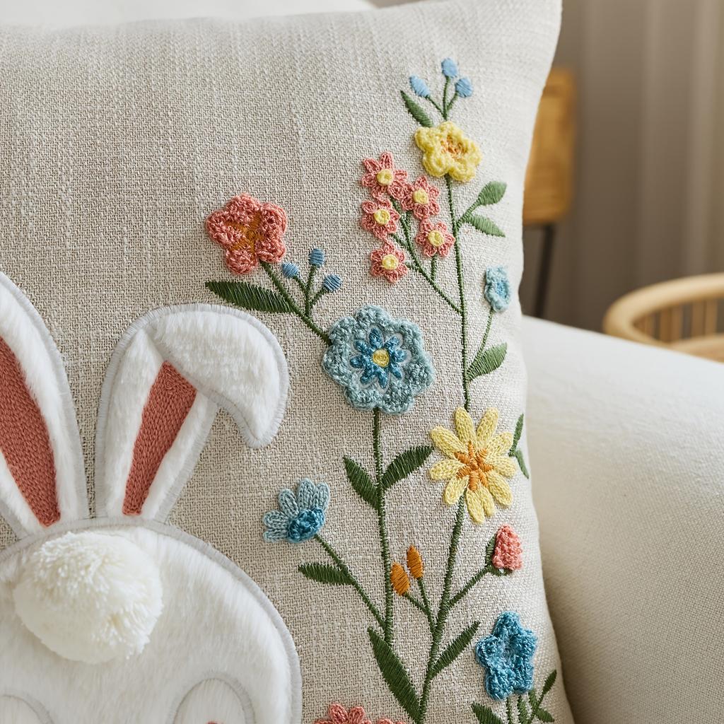 Cute Bunny Floral Pillow Cover 2D Faux Embroidery Print Easter Rabbit Wildflower Cushion Case For Sofa Bed Couch Cozy Home