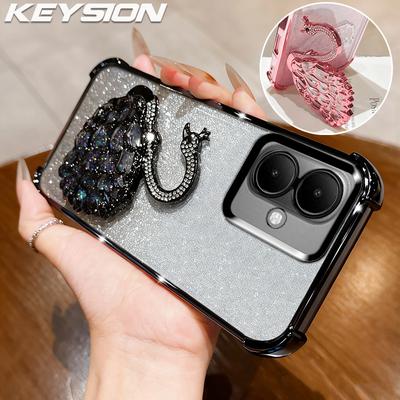KEYSION Shockproof Plating TPU Phone Case for TECNO Spark Go 2 Pop 10 Glitter Jewelled Swan Kickstand Cover for Infinix Smart 10