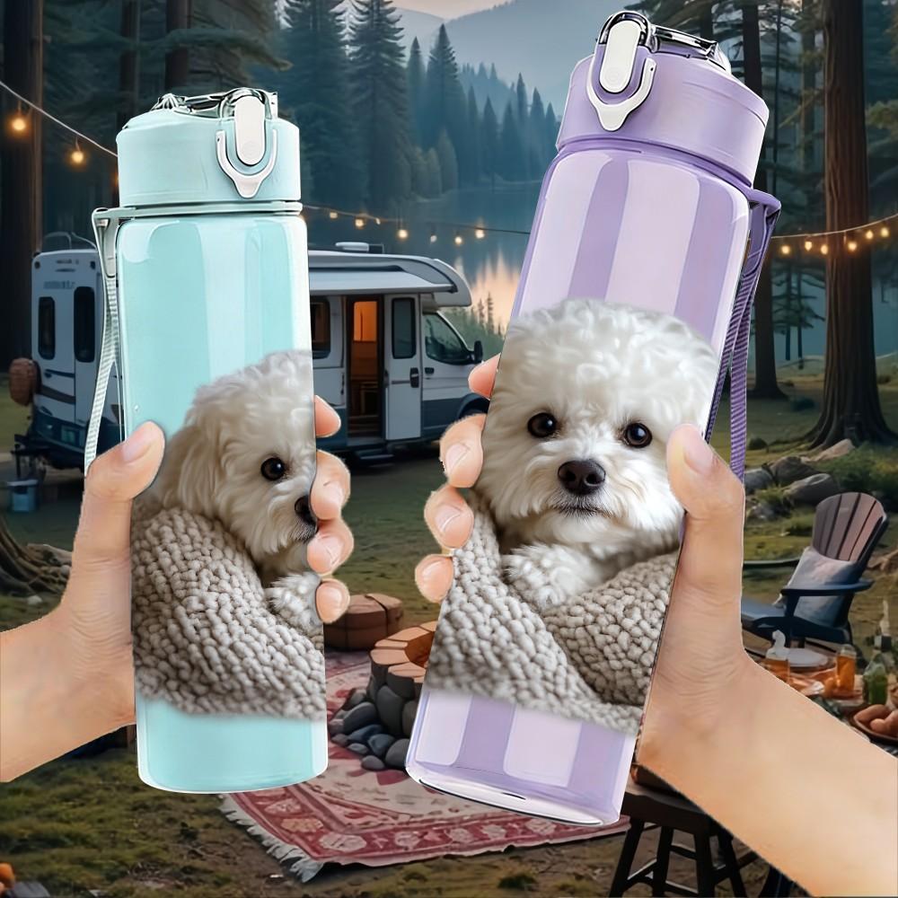 1PC Puppy Dog Wrap In Blanket Print 750ml Color Plastic Sports Water Bottle Leakproof Flip Straw Lid Suitable for Sports Office Home Use