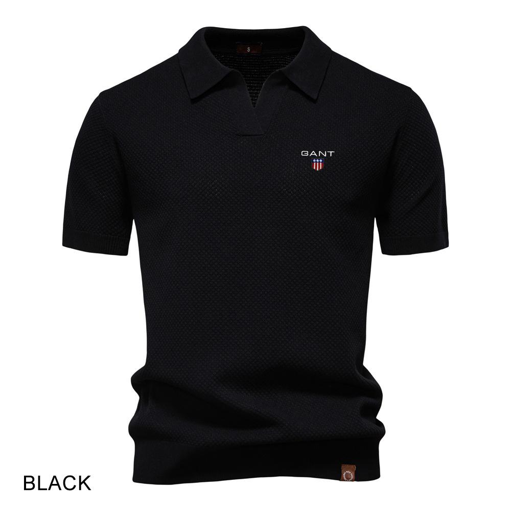 Gant Letní výšivka Velký ananasový vzor Vlněný polo svetr pro pánské podnikání, Límec racka, Pánský svetr s krátkým rukávem