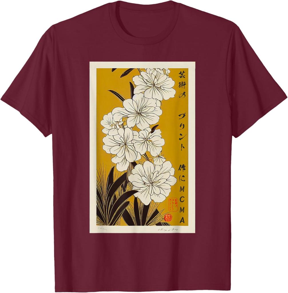 Japanese Floral Art Ukiyoe Print Mens Cotton Graphic Tee Casual Short Sleeve TShirt
