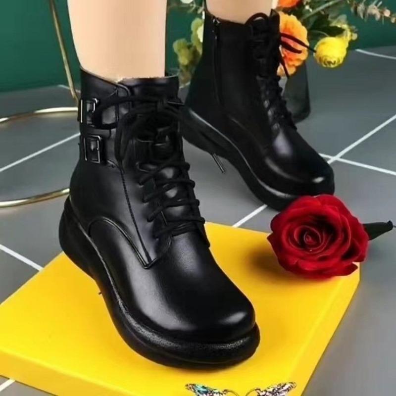 Retro Brown Women's Leather Boots Warm Flat Comfortable Fashionable Non-slip Snow Boots Slim Side Zipper Lace Up Women Shoes