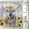 Funny Highland Cow Shower Curtain Farm Animal Sunflower Watercolour Flowers Farmhouse Polyester Fabric Bathroom Decor With Hooks