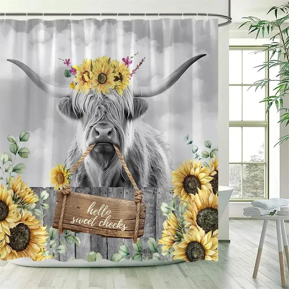 Funny Highland Cow Shower Curtain Farm Animal Sunflower Watercolour Flowers Farmhouse Polyester Fabric Bathroom Decor With Hooks