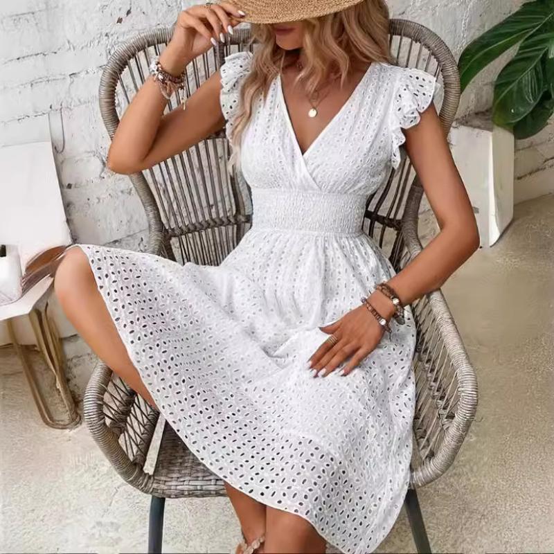 Ladies Summer Solid V-neck Lotus Leaf Sleeves Elegant Dress