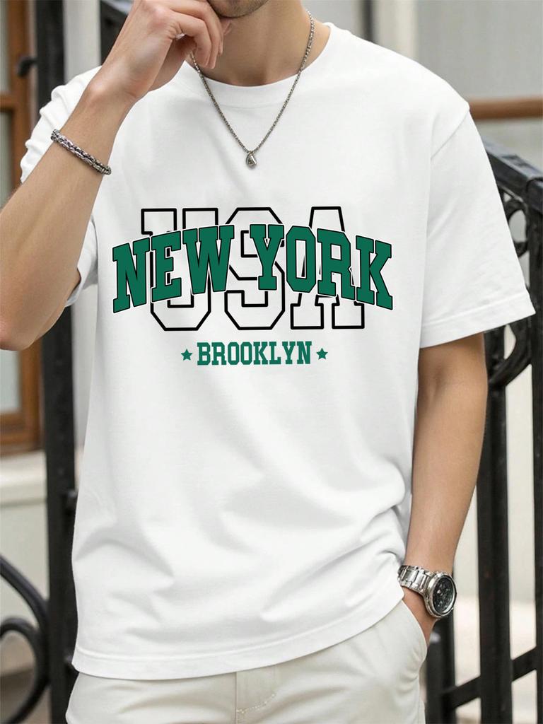 Usa New York Brookl Yn Print Mens T Shirts Hip Hop AllMatch Tops Casual Cotton Vintage Clothes Male Loose Crewneck Streetwear