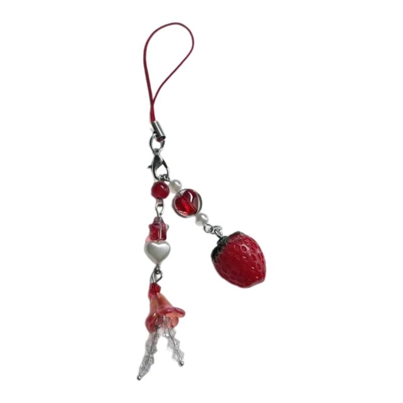 Sweet Strawberry Beaded Phone Charm Straps Car Key Hangings Pendants Fashion Bag Decoration Lanyard Purse Accessories