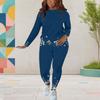 Women Plus Size Round Neck Long Sleeve Printed Navy Blue Fitted Pants Two Piece Set