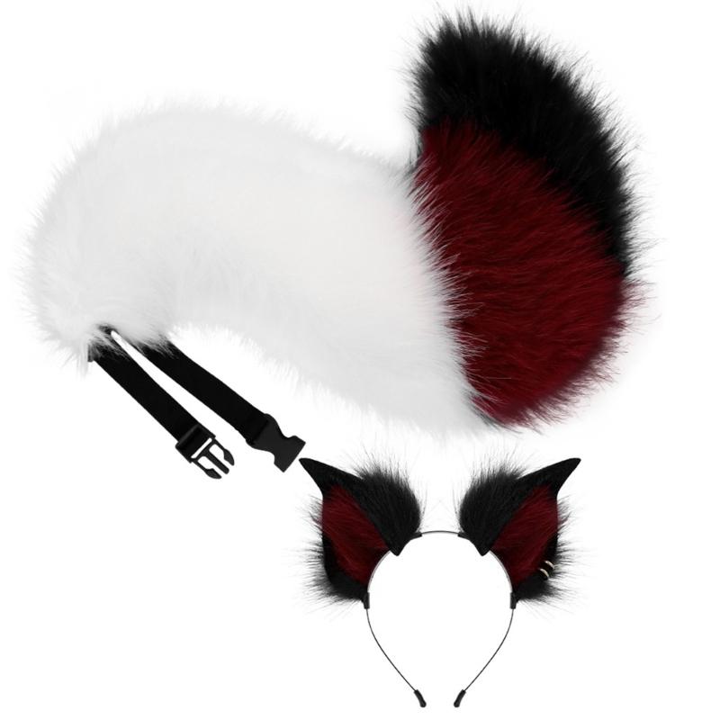 Foxes Ear Headband with Tail Foxes Cats Ears and Tail Set Halloween Cosplay Party Foxes Costume Accessories Kid Adult