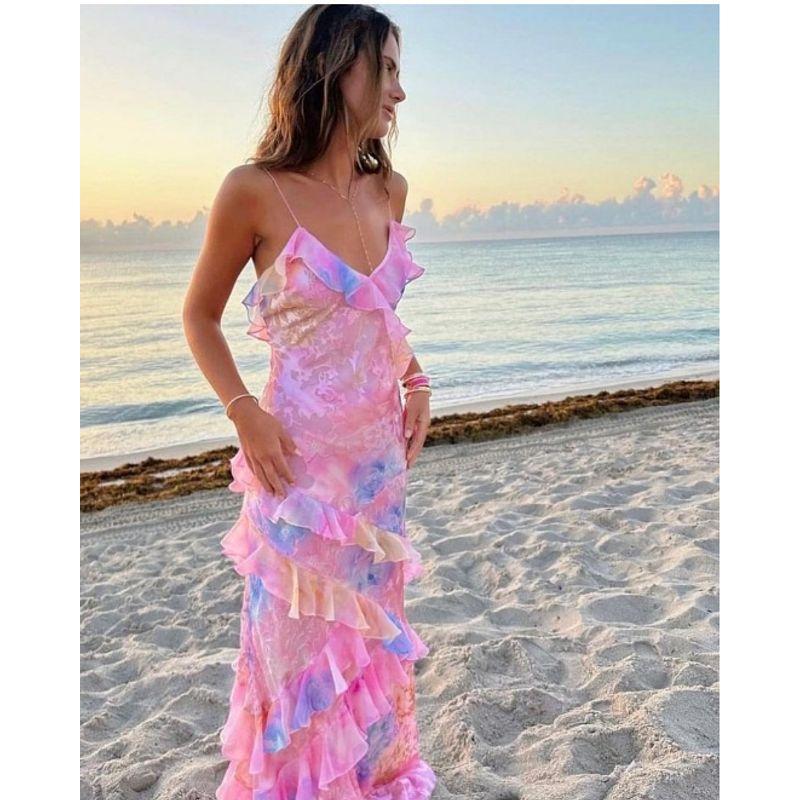 

Western Style Women clothes Fashion Print Sexy Sling Backless Lace-up Irregular Dress Tide DRESS pink 2XL