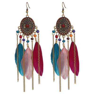 Ethnic Colorful Feather Tassel Earrings For Women Long Chain Beads Drop Dangling Earrings Girls Vintage Jewelry Accessories