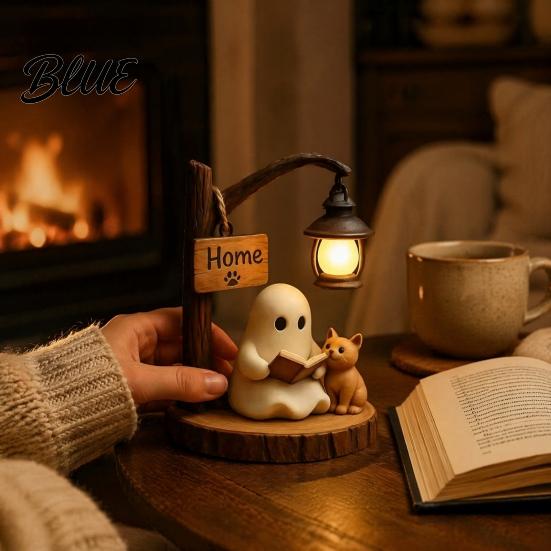 Ghost Kitten Desktop Decoration Halloween Reading Figurine LED Light-up Street Light Resin Cartoon Figurine Statue Cat for Holiday Party