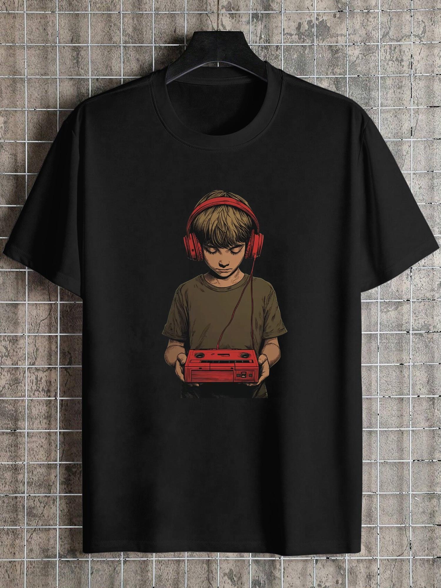 

1pc Retro Gaming Graphic T-shirt - 180g 100% Cotton Crew Neck Short Sleeve Tee with Vintage Cassette Tape & Headphones Design S