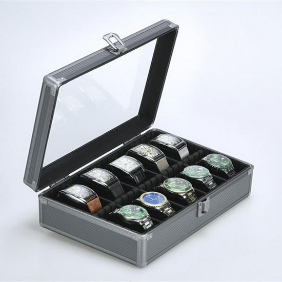 Smoky Grey Aluminum Alloy Multifunction Watch and Jewelry Display Box with Transparent Lid