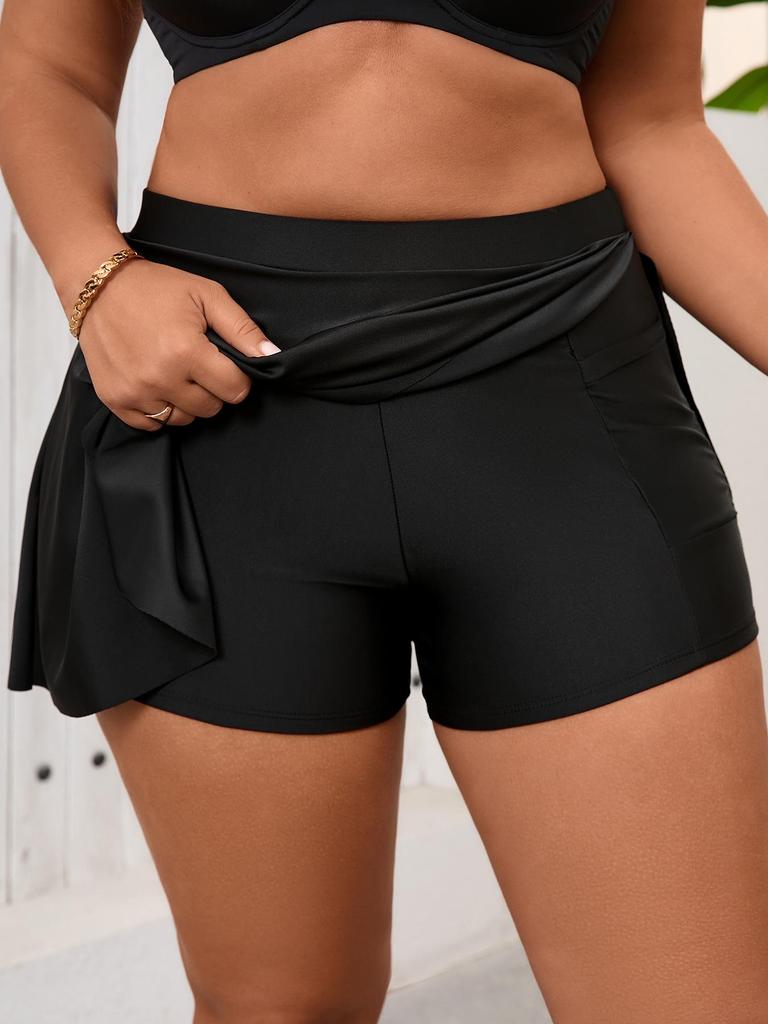 2026 Czarny Kostium Kąpielowy w Stylu Spódnicy Plus Size z Wysokim Stanem, Zachowawcze Szorty Deskorolkowe i Kieszenią