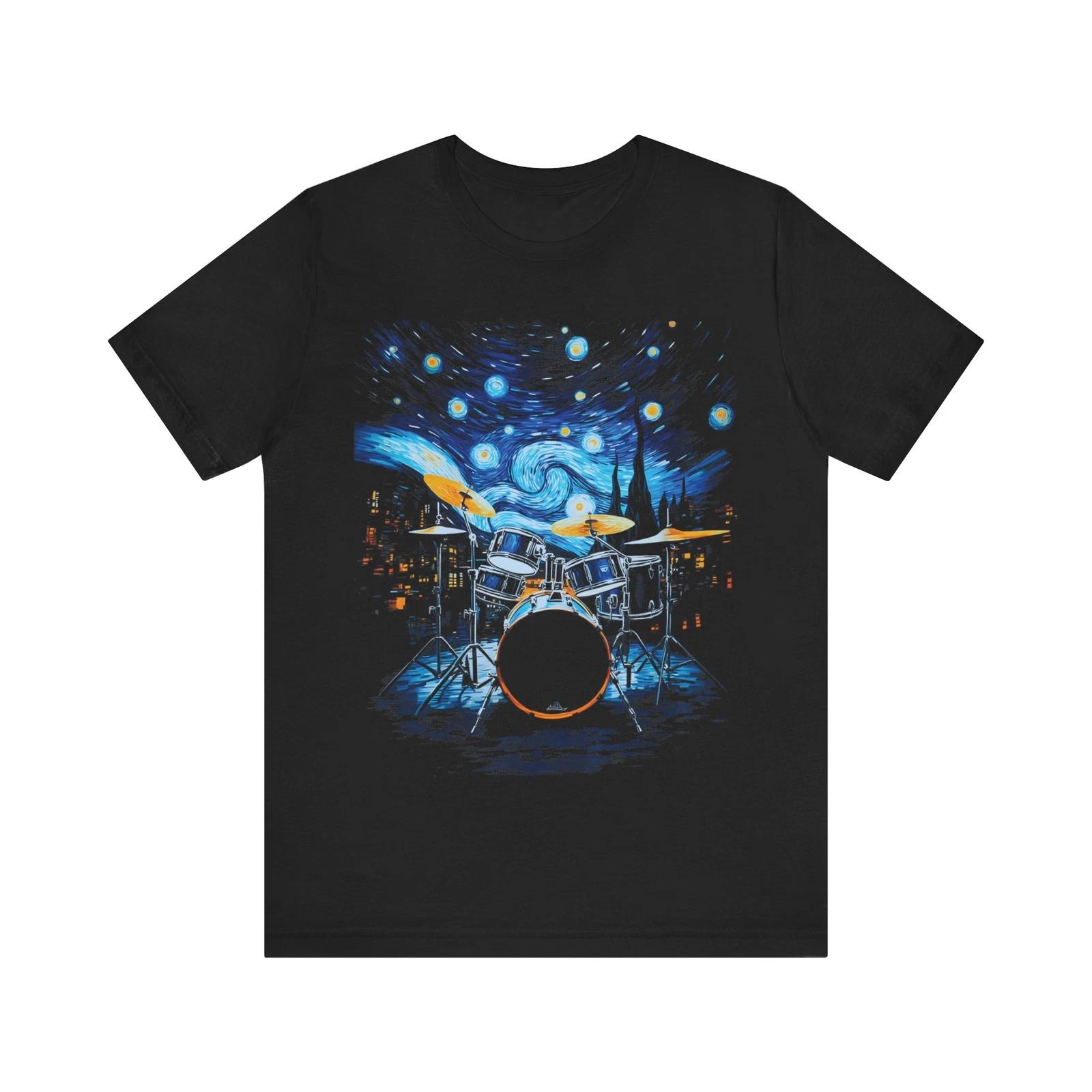 Unisex Van Gogh Starry Night Drummer Artistic Drum Set for Music Lovers T-Shirt 2XL