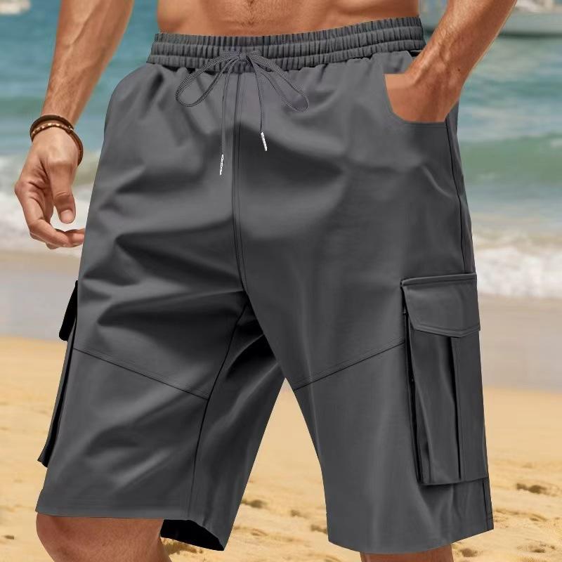 Summer Loose Men's Safari Style Shorts Multi Pockets Casual Loose Fit Straight Elastic Waist Beach Shorts