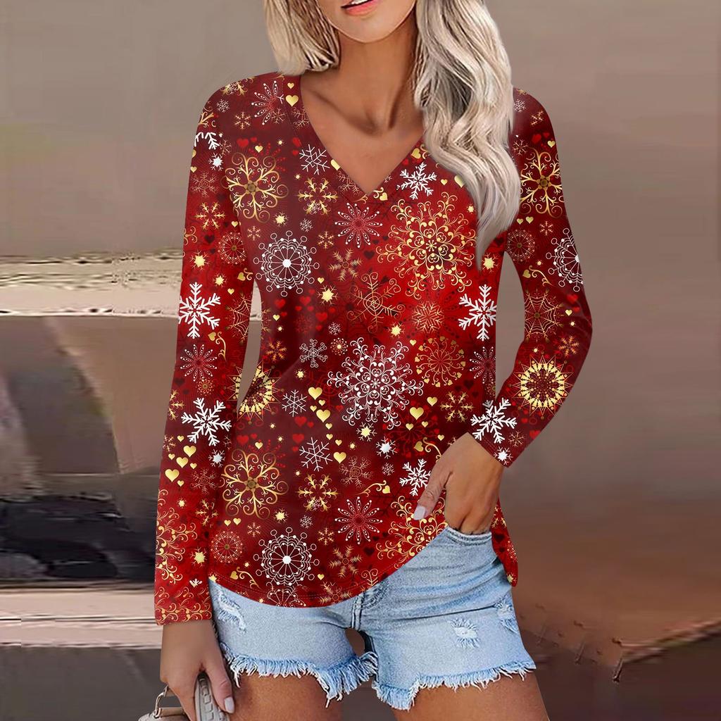 Women's Casual Fashion Sexy Comfortable Christmas Printed V-Neck Long Sleeve Top