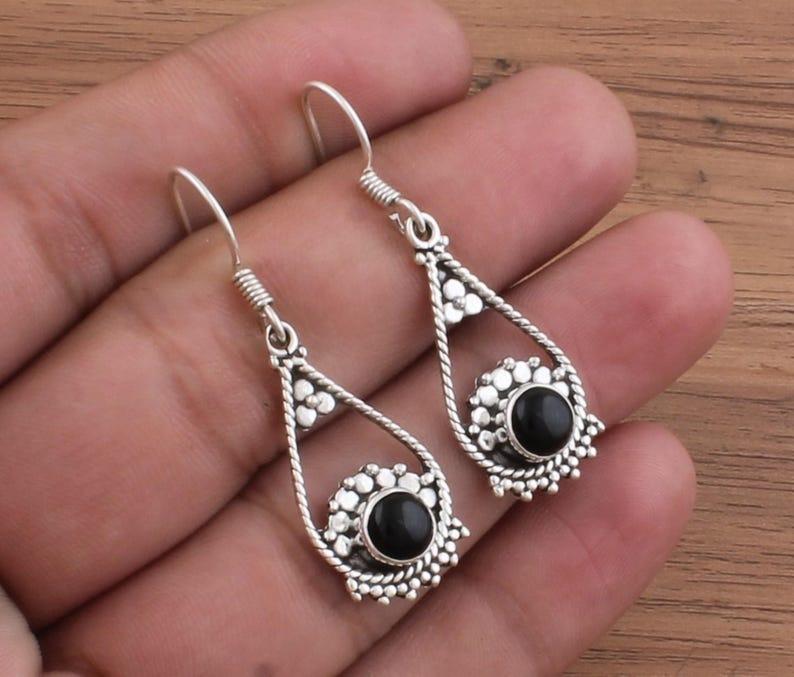 

Solid 925 Sterling Silver Black Onyx Gemstone handmade Designer Bohemian Dangle Earring Gift For Her