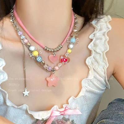 Colar de Contas Doces Coloridas Menina Doce Menina Estrela Rosa Pingente de Coração Corrente para Clavícula