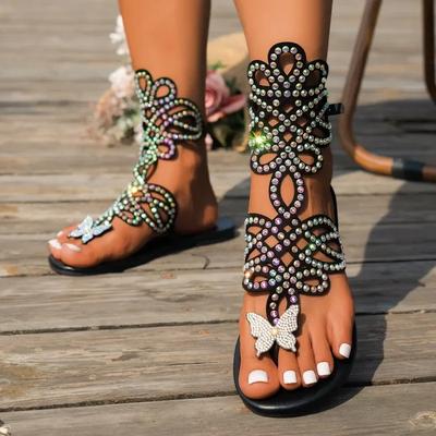 2024 Solid Color Versatile and Comfortable Rhinestone Decorated Women's Shoes Open-Toe Summer Breathable Bow Tuck Toe