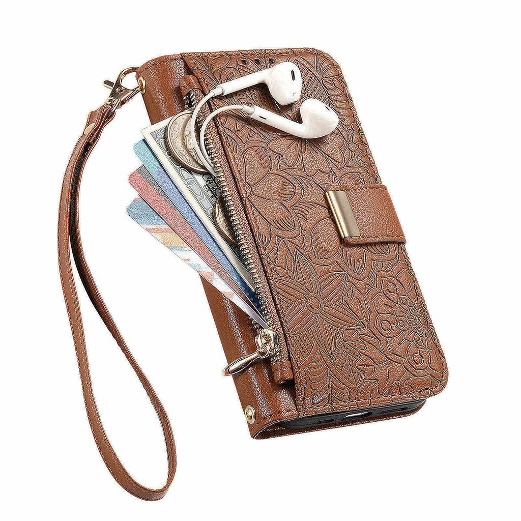 Phone Case For Google Pixel 9 Pro  / 9 Floral Leaf Pattern Multi Card Slots Zipper Leather Phone Cover with Wrist Strap