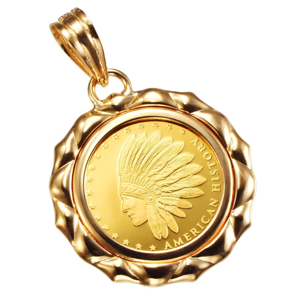 Speranza 24K Pure Gold Coin Indian Design 1 Pendant, Eagle, 1/25oz, Frame, Engraved, Unisex, No.
