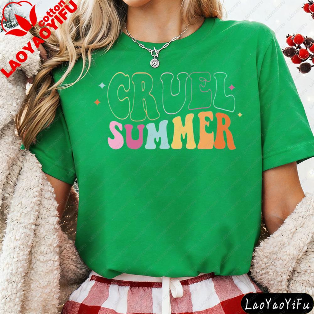 Cruel Summer Retro Groovy Schriftzug Grafik T-Shirt Modern und Trendig Unisex Baumwolle Kurzarm Sommer Lässig Alltag T-Shirt
