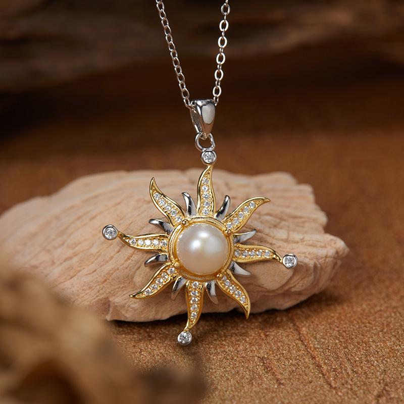 Schmuck Ohrringe S925 Sterlingsilber Naturperlen Halskette Damen Persönlichkeit Mode Sonnenblumen Anhänger