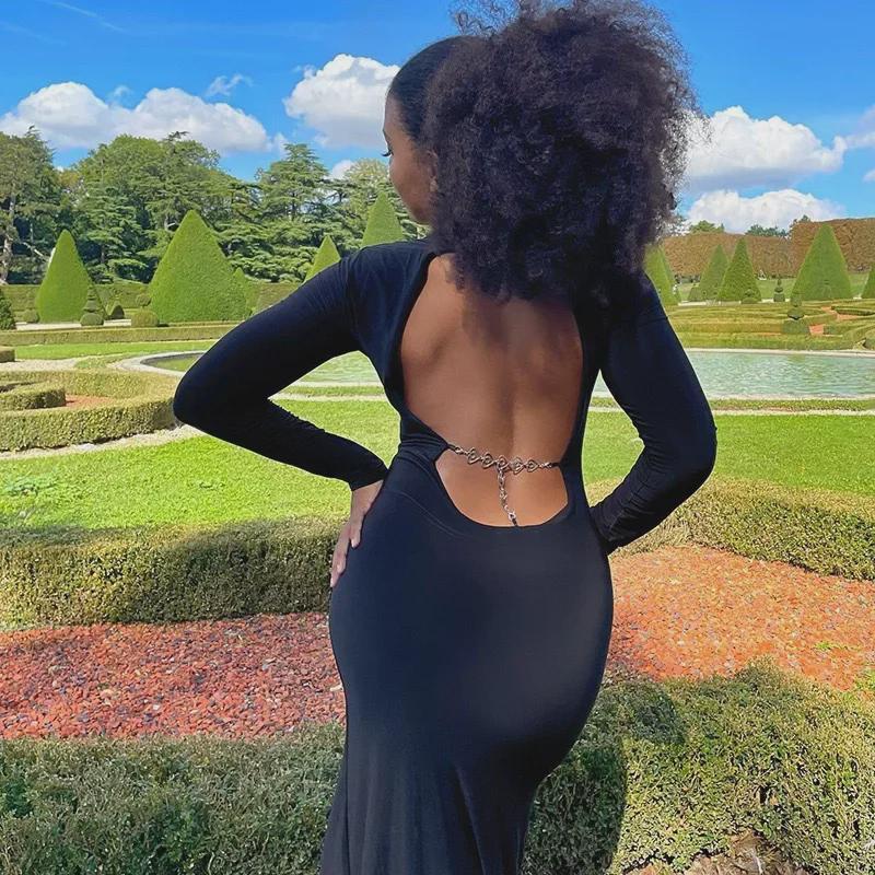 Europäisches & Amerikanisches Rückenfreies Langarm-Schlitzkleid - Sexy & Schlank Hohl Langer Rock