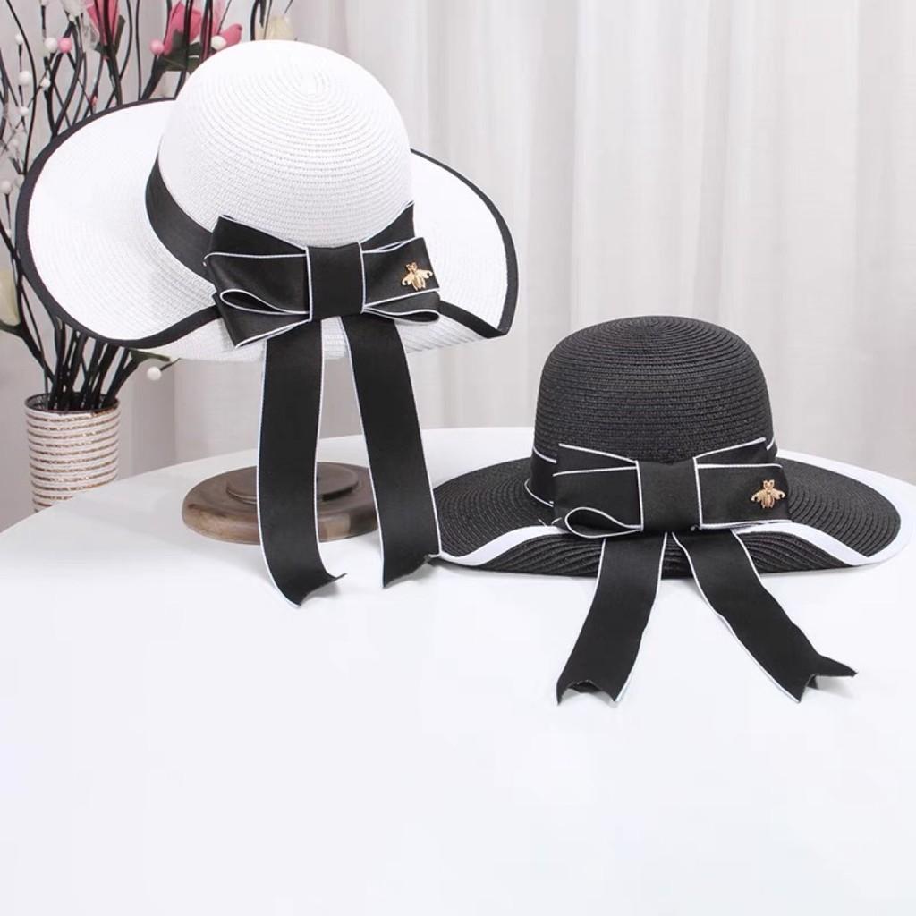 Summer Korean Style Butterfly Bow Straw Hat Large Brim Sun Hat For Beach Vacation Sun Protection