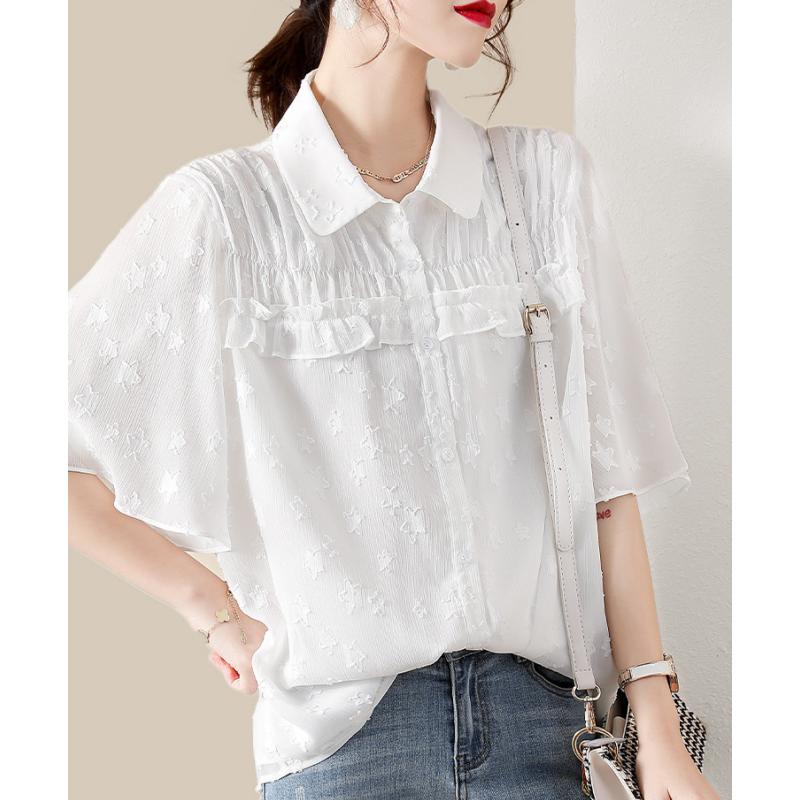 Chiffon Top Damen Sommermode Rüschen Locker und Vielseitig Nischen Chic Shirt