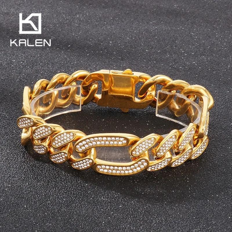 Hip Hop Shiny Rhinestones Bracelet for Men Women High Quality Zircon Cuban Miami Charm Chunky Figaro Chain Gold Color Jewelry