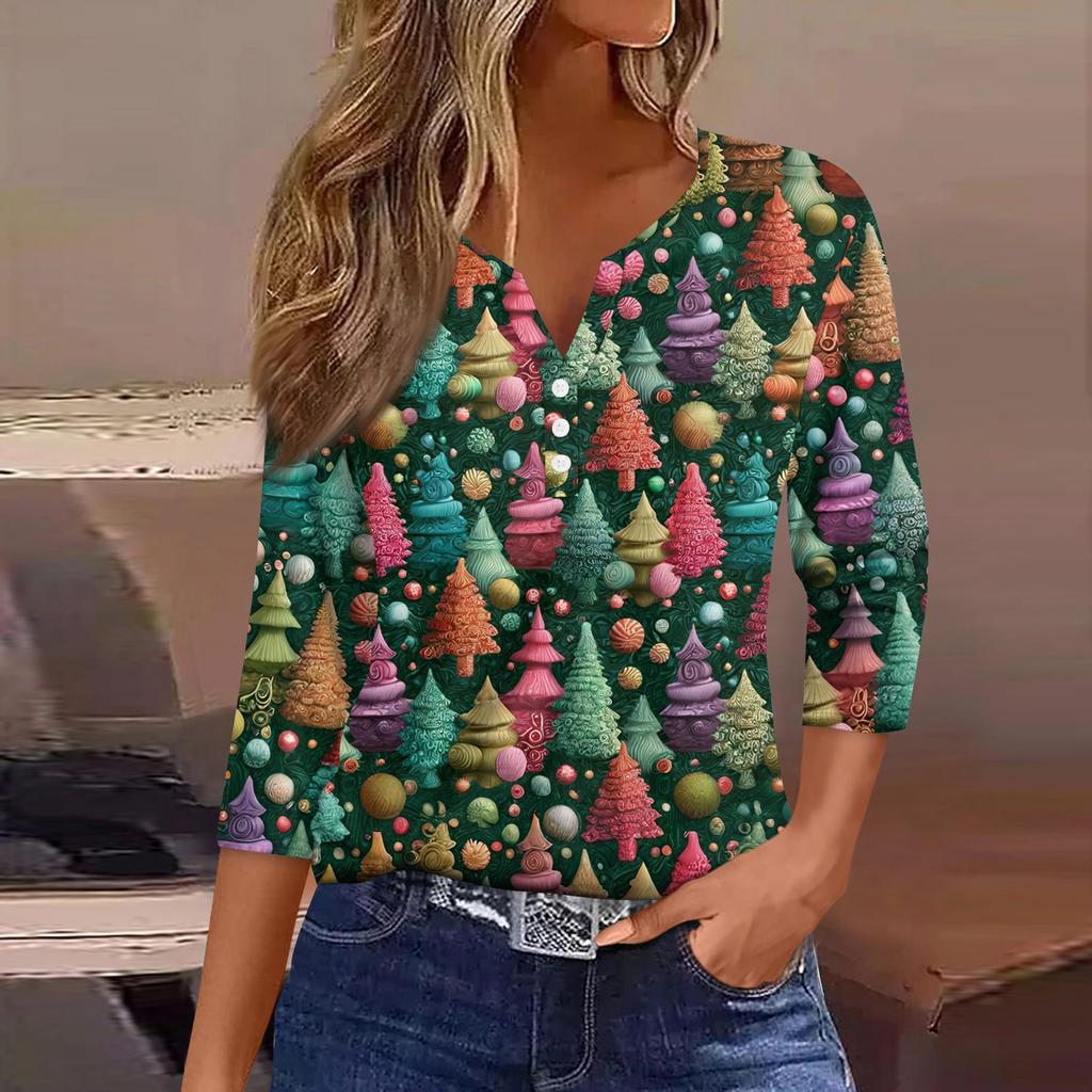 Dámské tričko Vánoční potisk Knoflík 3/4 rukáv Denní Víkendová Móda Základní Výstřih do V Běžný Top