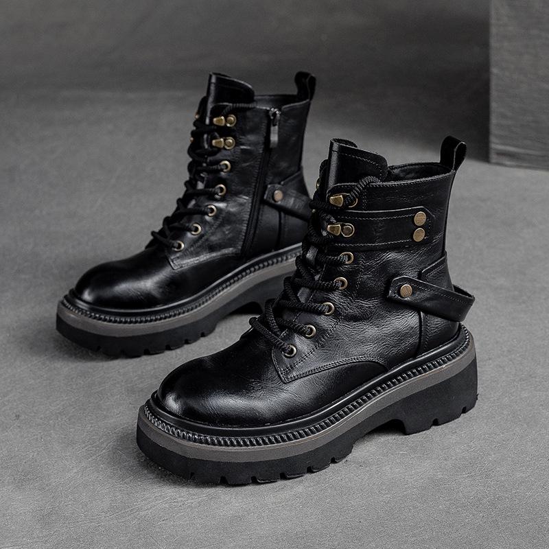 

Модные женские кожаные ботильоны 6 см 6 см Весенние из натуральной коровьей кожи с круглым носком Осенние на платформе на танкетке Мокасины Этнические Удобные Туфли-балетки 38 чёрный