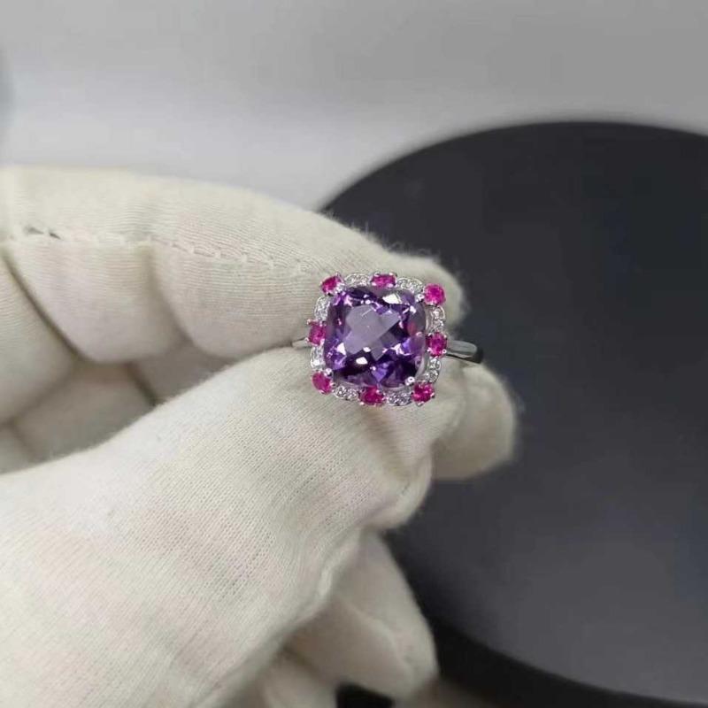 SACE GEMS 925 Sterling Silver 9*9MM Natual Amethyst Rings for Women Engagement Cocktail Party Fine Jewelry Gift