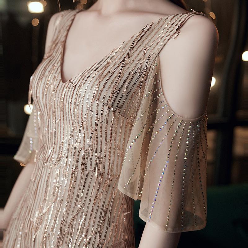 Annual Meeting Host Dress 1011 New Summer Champagne Style Temperament Fishtail Skirt Elegant Banquet Evening Dress