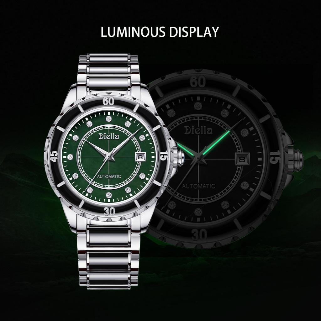 Diella Men's Mechanical Watch with Jadeite Cut, Unique Texture, Date Display, Luminous Hands and Markers, and 5 ATM Water Resistance (AD6020-SI)