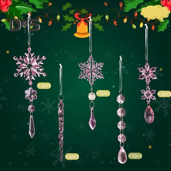 18Pcs Christmas Snowflake Ornaments Hanging Acrylic Crystal Snowflakes Icicle Drop Decorations for Christmas Tree Winter Party Decor