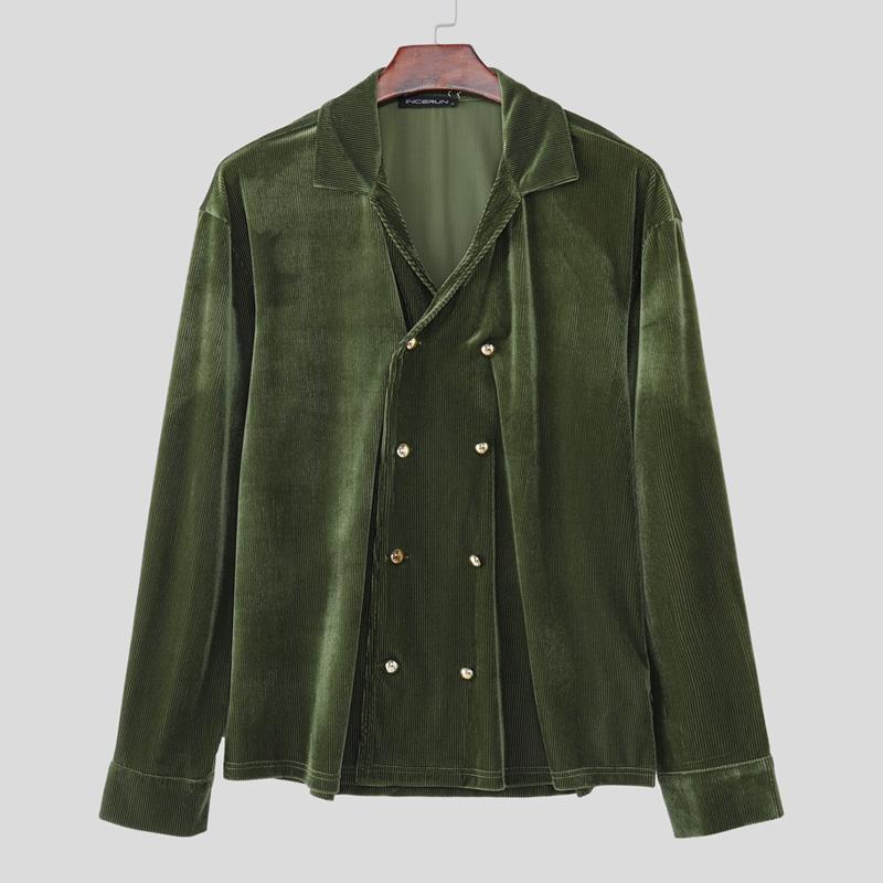 

INCERUN Весна Мужские Стойка Воротник Длинный Рукав Плюшевый Бархат На Пуговицах Винтажные Топы Рубашки 4XL зелёный