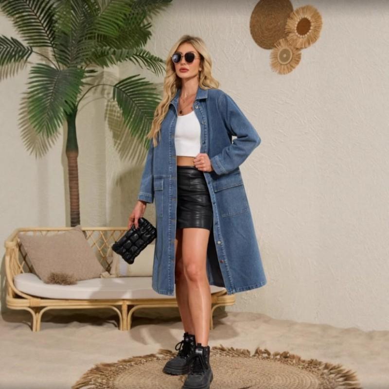 Womens Relaxed Fit Denim Shirt Dress With Single Breasted Vintage Chic Style Long Sleeve Mid-Length