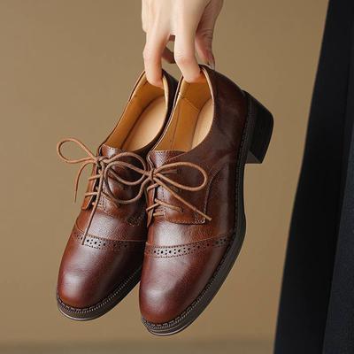 Cow Leather Round Toe Thick Med Heels Spring Shoes Brogues Big Size 43 Carving Decoration Women Pumps