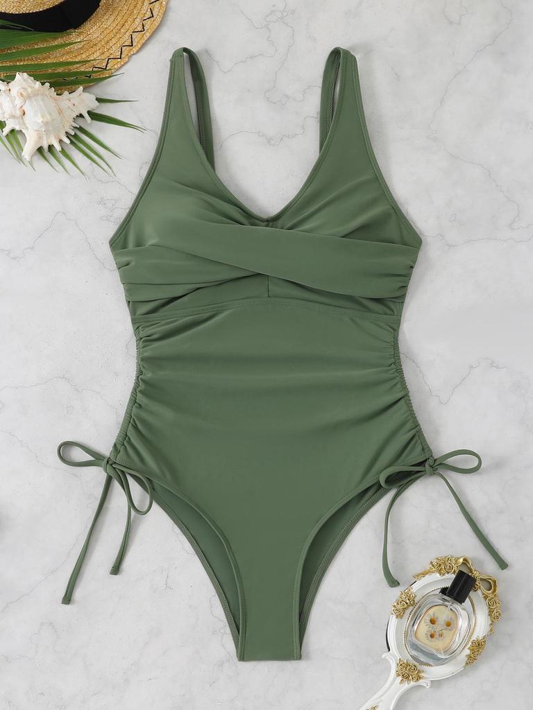 Women's 2026 Solid Color Drawstring Waist One-Piece Swimsuit - New Fashion Trends In Europe and America