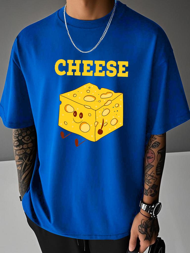 Unisex Summer Casual Short Sleeve T Shirt Cartoon Cheese Block CHEESE Letter Print Oversized Loose Street Daily Fashion Tops