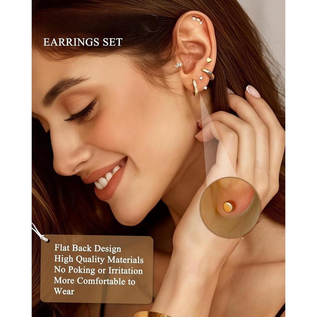 Bobisty 6Pairs Earrings for Women 14K Gold Plated Stud Hoop Stacks Earrings Set 316L Surgical Steel Earring Piercing Jewellery