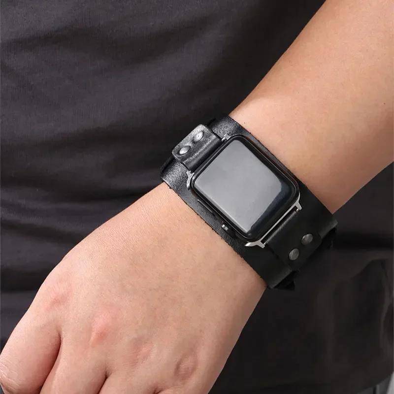 Genuine Leather Band For Apple Watch Ultra 2 49mm Strap 45mm 44mm 46mm Double Metal Buckle bracelet iWatch series 10 9 8 7 6 SE