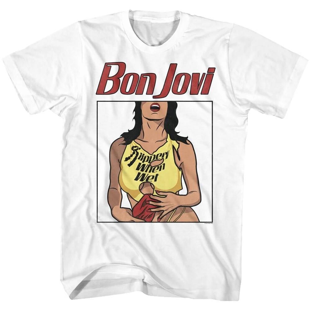 Bon Jovi Adult T-Shirt 80039;s Rock Music Band SLIPPERY WHEN WET White Cotton Unisex T-Shirt - Men s Summer Cotton Graphic Tee S