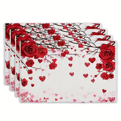 4pcs Red Rose Heart Placemats - Romantic Polyester Table Mats for Dining, Kitchen, and Coffee Table Decor, 12" X 18"